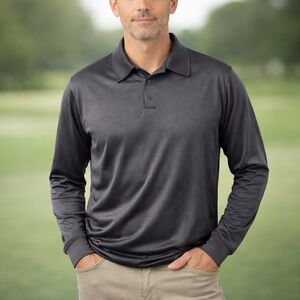 Anthology Mens XL 100% Silk Long Sleeve Golf Polo Shirt Sweater Charcoal Gray‎